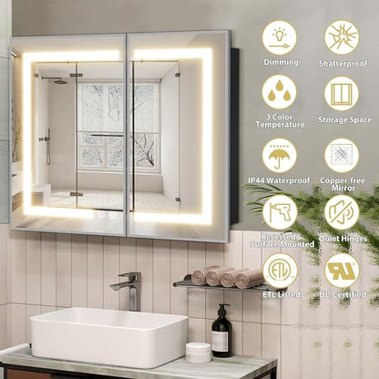 ROOMTEC 36 x 30 Inch Medicine Cabinet Mirror with LED Lights, Silver Bathroom Medicine Cabinet with Mirror and Storage, Recessed or Wall Mount, 3 Color Temperature, Dimmable Light