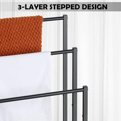 Free Standing Blanket Ladder Holder Rack, 3 Tier Black Metal Towel Racks Stand with Wooden Storage Shelf, Multipurpose Towel Drying Holder stand for Bath & Blanket, Washcloths, Tub or Shower Organizer