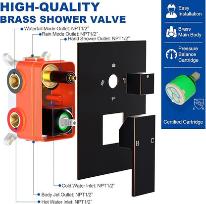 ENGA Oil Rubbed Bronze Shower System with Body Jets, 2 In 1 Functions Ceiling Mount 14x20inch LED Shower Head with 4 Body Jets, Rainfall Waterfall Shower Faucet Set