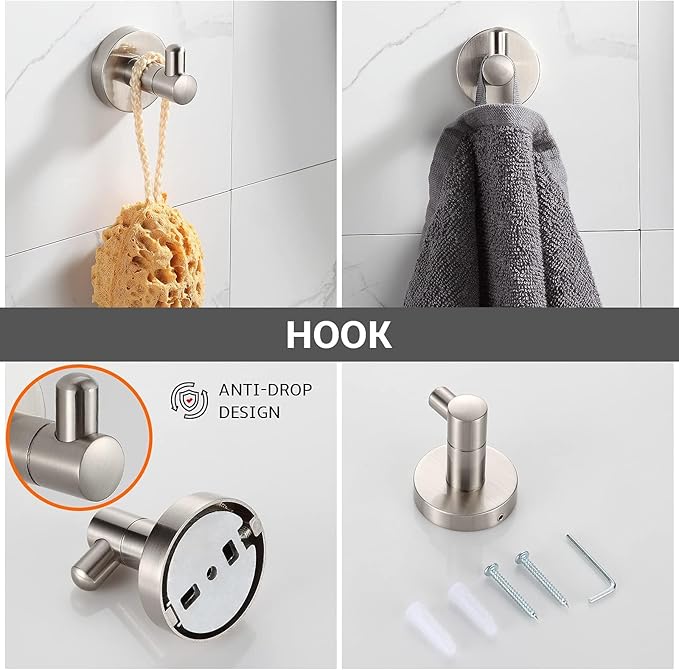 BGL Bathroom Accessory Set,4-Piece Brushed Nickel Towel Racks for Bathroom, 24 Inches Towel Bar, Towel Ring, Toilet Paper Holder & Robe Hook, Wall Mounted