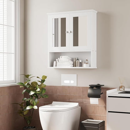 Bathroom Wall Cabinet with Mirror, White Bathroom Mirror Cabinet Wall Mounted, Over Toilet Medicine Cabinets with Adjustable Shelf, White