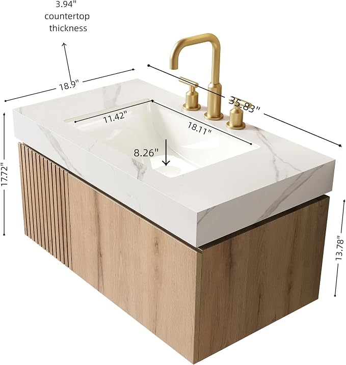 KEIKI 36 Inch Floating Bathroom Vanity with Sink, White Oak & White | Modern Wall Mounted Storage Cabinet w/ Drawer & Door, Pre-assembled Wood Panels, Sintered Stone Top & Ceramic Basin Combo Set