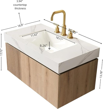 KEIKI 36 Inch Floating Bathroom Vanity with Sink, White Oak & White | Modern Wall Mounted Storage Cabinet w/ Drawer & Door, Pre-assembled Wood Panels, Sintered Stone Top & Ceramic Basin Combo Set