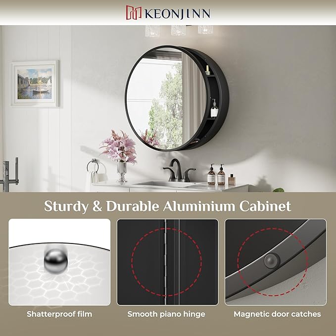 Keonjinn 24 x 24 In Round Medicine Cabinets for Bathroom, Black Mirror Surface Mount Medicine Cabinet, Circle Black Medicine Cabinet with Mirror, Adjustable Shelves Framed Bathroom Mirror with Storage