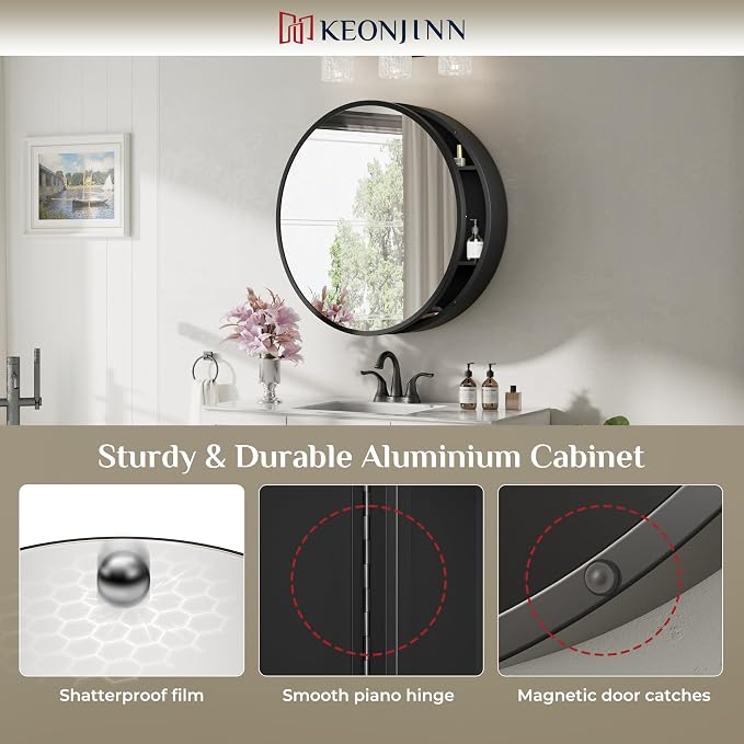 Keonjinn 30 in Round Black Medicine Cabinets with Mirror, Large Farmhouse Medicine Cabinet for Bathroom, Circle Bath Mirror with Storage, Metal Frame Medicine Cabinet for Wall with Detachable Shelves | Surface Mount Metal Medicine Cabinet Mirror, Shatt...