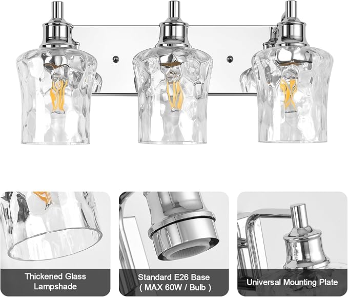Farmhouse Chrome Vanity Light, 3 Light | Bathroom Lighting Fixtures, Over Mirror, Hammered Glass Lampshade, For Cabinet Mirror Bedroom Hallway