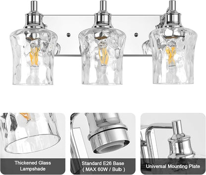 Farmhouse Chrome Vanity Light, 3 Light | Bathroom Lighting Fixtures, Over Mirror, Hammered Glass Lampshade, For Cabinet Mirror Bedroom Hallway