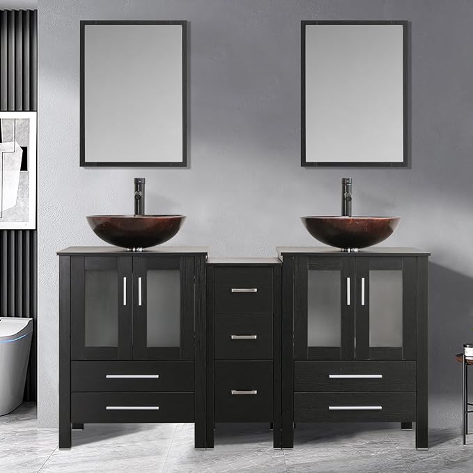 60" Black Bathroom Vanity,Double Vanity,Round Glass Vessel Basin Sink,ORB Faucet,Drain Parts,Bathroom Vanity Top Glass Sink Bowl Set,Vanity Pedestal Include,Mirror Not Included (A09 Vessel Set)