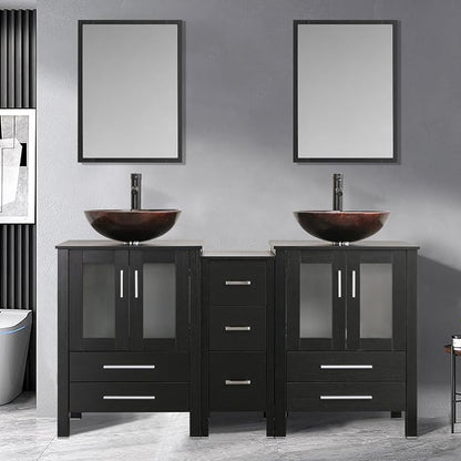 60" Black Bathroom Vanity,Double Vanity,Round Glass Vessel Basin Sink,ORB Faucet,Drain Parts,Bathroom Vanity Top Glass Sink Bowl Set,Vanity Pedestal Include,Mirror Not Included (A09 Vessel Set)