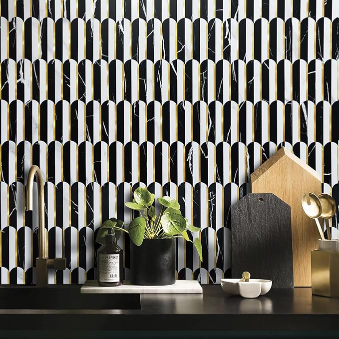 DICOFUN 10-Sheet Black & White Peel and Stick Backsplash for Kitchen, PVC Stick on Backsplash Wall Tiles