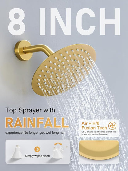 Woindo Shower Faucet Set 10" Rain Shower Head/8'' Side Shower Head and 3 Setting Handheld Ceiling Mount 3 Push Button Diverter Complete Rainfall Round Shower System Included Valve Trim Kit