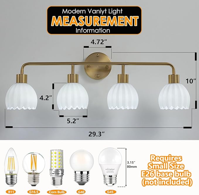 Brushed Gold 4-Light Vanlity Light Over Mirror,Wall Sconces,Gold Brass Bathroom Light Fixture with White Glass Flower Shade,E26(Bulbs Not Included)