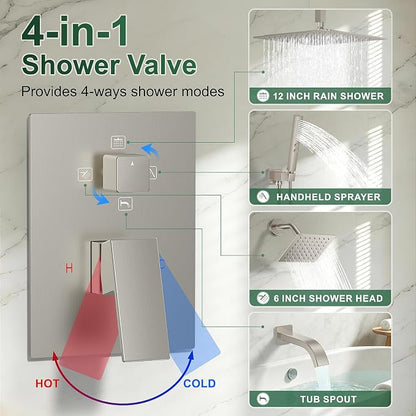 Rain Shower System with Rough-in Valve, Ceiling Mount Shower Faucet Set with 12"&6" Dual Rain Shower Heads, 2-in-1 Handheld Shower, Tub Spout, 4-Function Complete Shower Fixture,Brushed Nickel