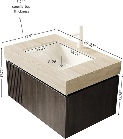 Bathroom Vanity with Sink 30 Inch, Floating Bathroom Vanity Sink Cabinet with Drawer and Door, Undermount Sink & Travertine-Pattern Sintered Stone Top, Pre-Assembled,Espresso