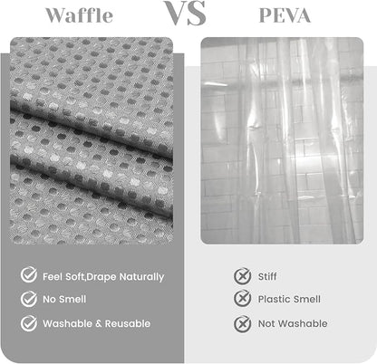 SORTTO No Hook Shower Curtain with Snap in Liner Set Waffle Shower Curtain for Bathroom Hotel Style Fabric Waterproof Inner Liner，54" W x 74" H, Grey