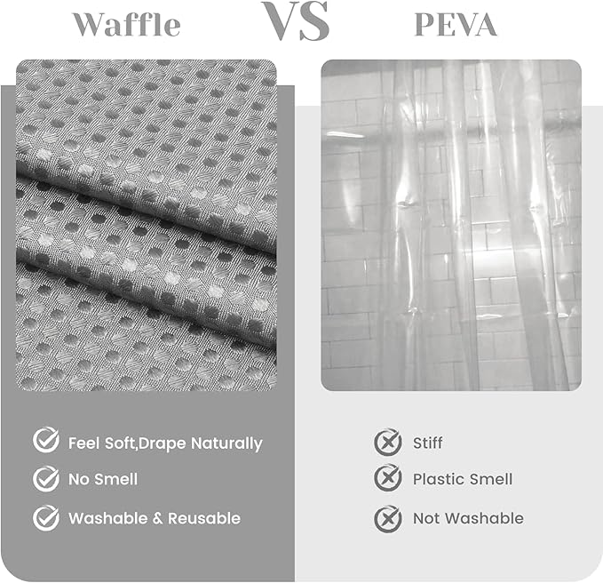 SORTTO No Hook Shower Curtain with Snap in Liner Set Waffle Shower Curtain for Bathroom Hotel Style Fabric Waterproof Inner Liner，54" W x 80" H, Grey