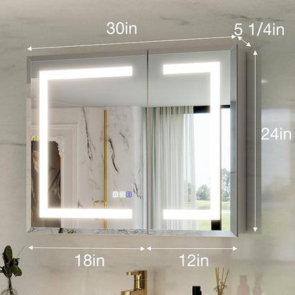 30x24 Lighted Medicine Cabinet with Mirror Defogger - Dimmable Touch Sensor, Adjustable Color Temperature, Shatterproof Tempered Glass, Quick-Release Hinges, Adjustable Shelves,UL Certified