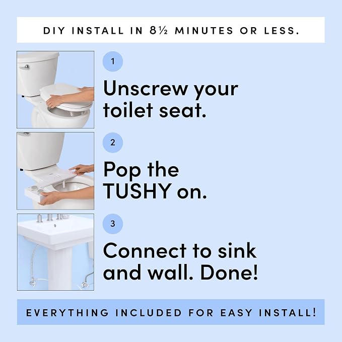 TUSHY Spa 2.0 Cool to Warm Water Bidet Toilet Seat Attachment, White/Silver | Non-Electric, Self-Cleaning Smart Spray Nozzle, Adjustable Pressure and Angle Control, Sink Access Required Within 6 Feet