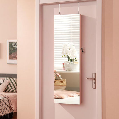 Giantex Wall Door Mounted Jewelry Armoire Cabinet with 47.5" Full Length Mirror, 2 LEDs Lockable Jewelry Organizers and Storage, Over the Door Jewelry Organizer Cabinet with 2 Drawers (Light Pink)