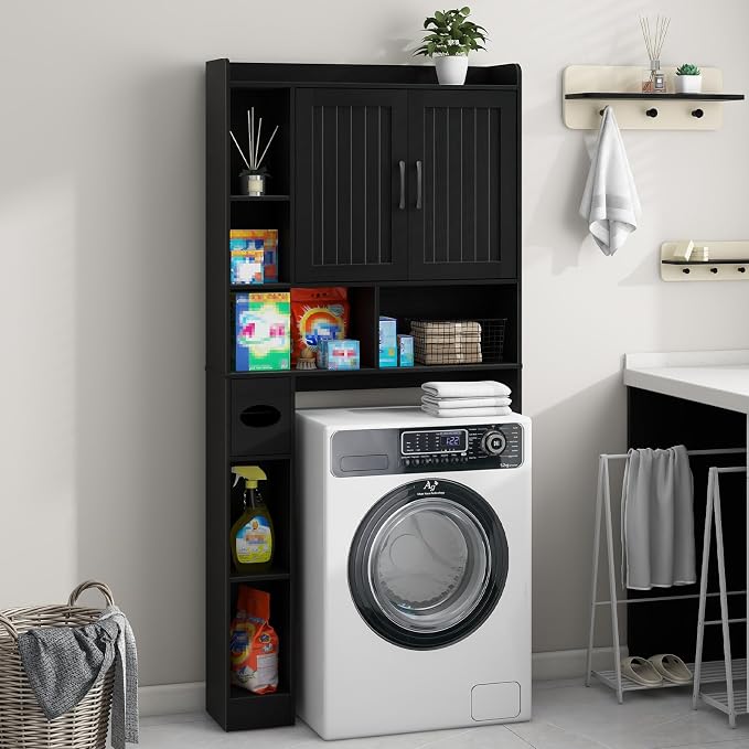 Vabches Farmhouse Over The Toilet Storage Cabinet with Barn Door, Black | Storage Cabinet Over Toilet, Home Space-Saving Toilet Rack, for Bathroom, Restroom, Laundry