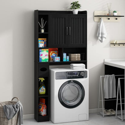 Vabches Farmhouse Over The Toilet Storage Cabinet with Barn Door, Black | Storage Cabinet Over Toilet, Home Space-Saving Toilet Rack, for Bathroom, Restroom, Laundry
