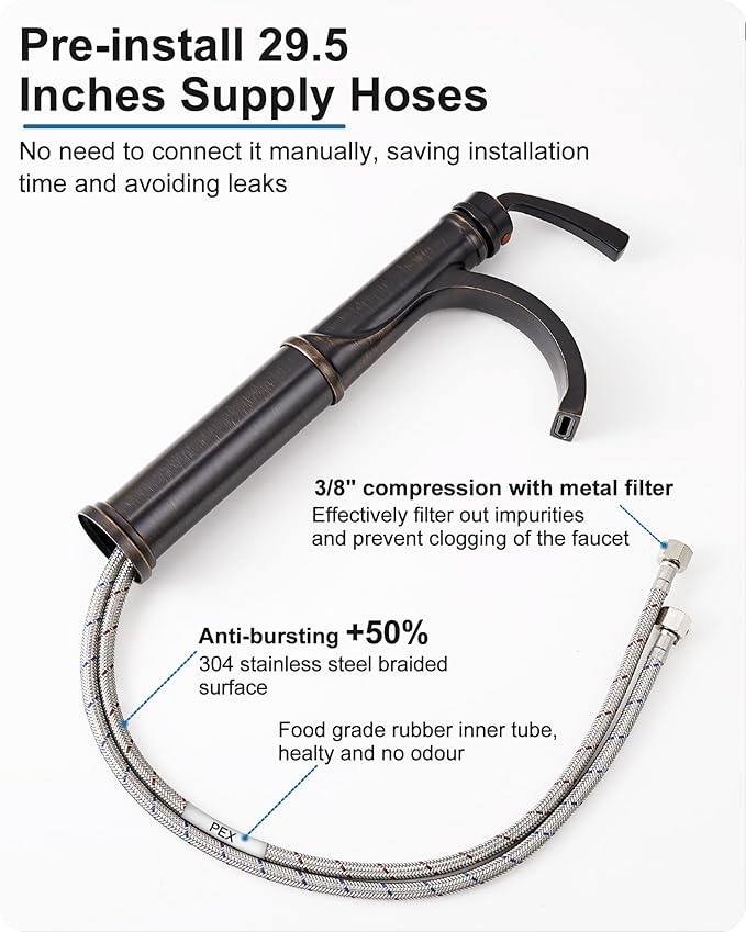 Waterfall Vessel Sink Faucet Oil Rubbed Bronze, Brass Tall Bathroom Faucet with Pop-up Drain, cUPC Supply Hoses, Single Handle for Vanity, Farmhouse, 1 Hole Vessel Sink, 5 Mins Quick Install