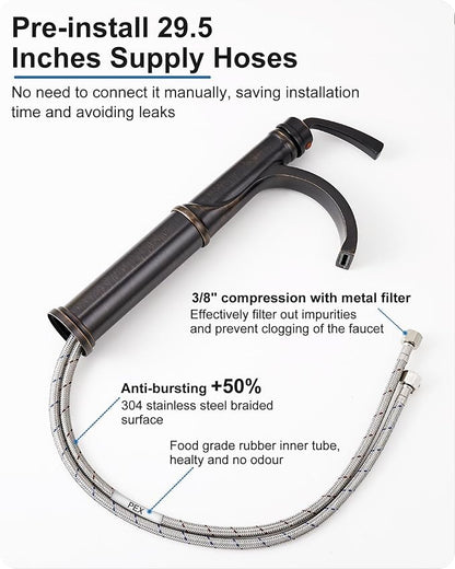 Waterfall Vessel Sink Faucet Oil Rubbed Bronze, Brass Tall Bathroom Faucet with Pop-up Drain, cUPC Supply Hoses, Single Handle for Vanity, Farmhouse, 1 Hole Vessel Sink, 5 Mins Quick Install