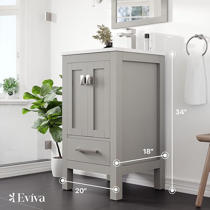Eviva London 20 Inch Bathroom Vanity with Sink - Grey Vanity Bathroom, Porcelain Sink and Quartz Countertop, Freestanding 20 Vanity with Sink Combo, Ideal Bathroom Vanities for Home Decor