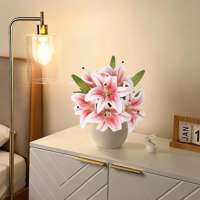 Artificial Lily Flowers with Ceramic Vase, Pink Silk Lily Flower Arrangement, Fake Flowers in Vase Centerpiece, Artificial Floral Arrangement for Table Decor, Shelf, Bathroom, Wedding, Home Decoration