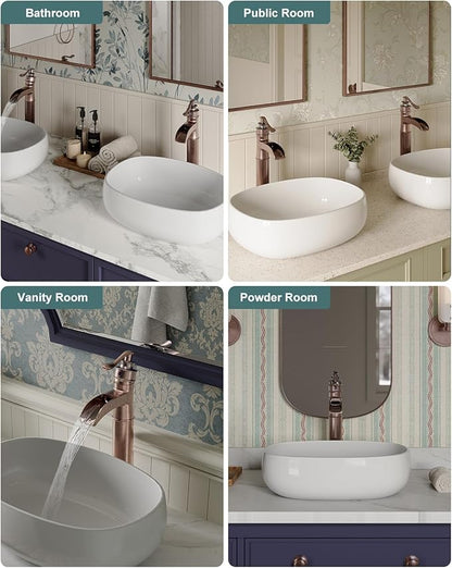 BWE Vessel Sink Faucet Waterfall Antique Copper Single Hole with Pop Up Drain Stopper Without Overflow and Supply Lines One Handle Vanity Basin Bath Sink Mixer Tap