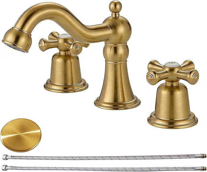 RKF Bathroom Faucets for Sink 3 Hole Gold 8 inch Widespread Bathroom Sink Faucet with Drain 2 Handles Cross Knobs Faucet Bathroom Vanity Faucet Basin Mixer Tap CWF033-BG