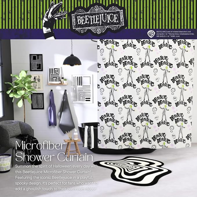 Beetlejuice Halloween 13-Piece Shower Curtain Set, 72 x 72 Inch Fabric Curtain with Hooks, Bathroom Decor, Machine Washable, (100% Officially Licensed Product) by Franco Collectibles