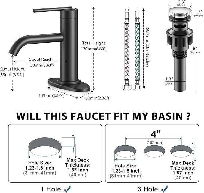 Black Bathroom Faucet for Single Handle,HURRAN Bathroom Faucet 1 Hole with Pop-up Drain and Deck,Fits 1 Hole or 3 Hole Installations for Vanity,Bathroom & RV
