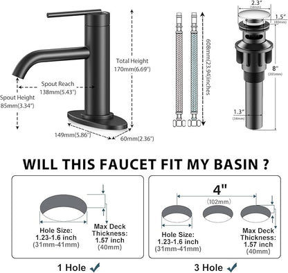 Black Bathroom Faucet for Single Handle,HURRAN Bathroom Faucet 1 Hole with Pop-up Drain and Deck,Fits 1 Hole or 3 Hole Installations for Vanity,Bathroom & RV