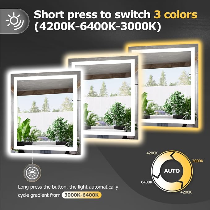 Hivone 32"X36" LED Bathroom Mirror with Lights, Anti-Fog, Dimmable, Backlit + Front Lit, Smart Bathroom Vanity Mirror, Memory Function, Shatterproof, Tempered Glass (Horizontal/Vertical)