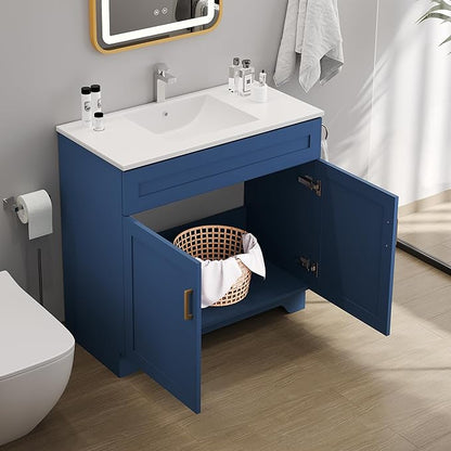 Bathroom 36" Vanity with Ceramic Sink, Wooden Double Door Bathroom Storage Cabinet, Freestanding Cabinet Vanity with Sink (Paint, Blue,36")