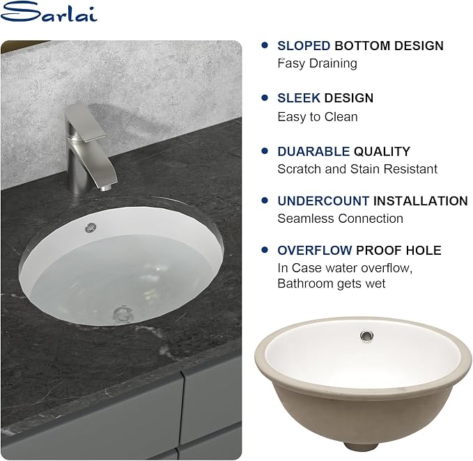 Bathroom Sink Undermount - Sarlai 16 Inch Undermount Oval Sink Pure White Porcelain Ceramic Lavatory Vanity Vessel Sink Basin，Interior Size 14.9" x 13"