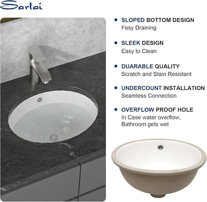 Bathroom Sink Undermount - Sarlai 16 Inch Undermount Oval Sink Pure White Porcelain Ceramic Lavatory Vanity Vessel Sink Basin，Interior Size 14.9" x 13"
