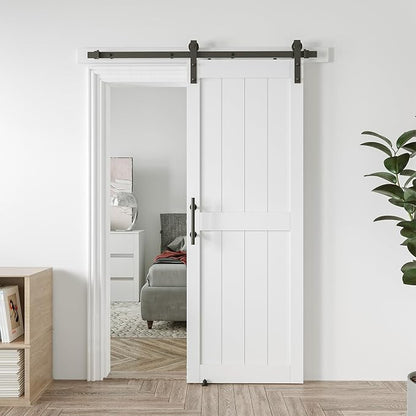 30in x 96in White MDF Sliding Barn Door, Pre-Drilled Holes Easy Assembly | 5ft Barn Door Hardware Kit & Handle Include, Solid Barn Door Slab Covered with Water-Proof PVC Surface, H-Frame