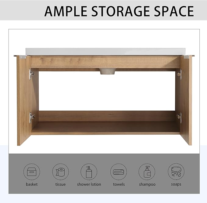 SSLine 84-Inch Double Sink Vanity Modern Wall Mounted Bathroom Vanity with Double Sink 84" Large Floating Bathroom Vanities Set with White Open Storage Shelf & 1 Side Cabinet,Brown White