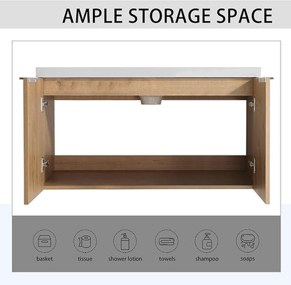 SSLine 84-Inch Double Sink Vanity Modern Wall Mounted Bathroom Vanity with Double Sink 84" Large Floating Bathroom Vanities Set with White Open Storage Shelf & 1 Side Cabinet,Brown White