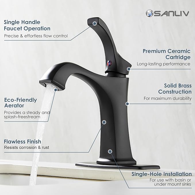 Matte Black Bathroom Faucet 1 Hole, Sanliv Single Handle Bathroom Sink Faucet, Modern Black Vanity Faucet with Deckplate & Pop-Up Drain for One or 3-Hole Farmhouse Sinks