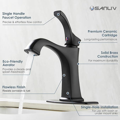 Matte Black Bathroom Faucet 1 Hole, Sanliv Single Handle Bathroom Sink Faucet, Modern Black Vanity Faucet with Deckplate & Pop-Up Drain for One or 3-Hole Farmhouse Sinks