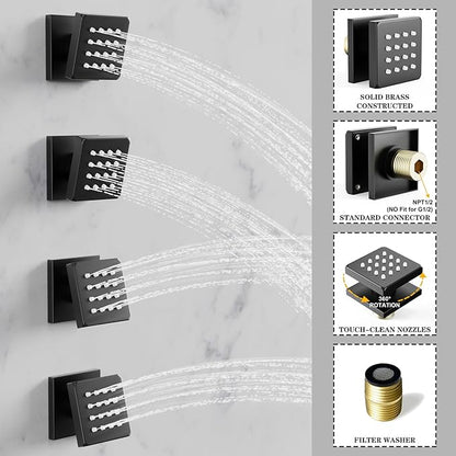Shower System 12IN Modern Rain Brass Faucet Set With Valve and Diverter Shower Mixer With Handheld High Pressure Square Rainfall Shower Valve (12'' Wall Mount 4 Body Jet, Matte Black)
