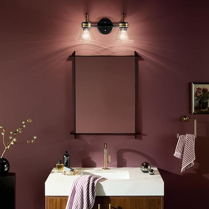 Kichler Farum 19.25" 2-Light Vanity Light with Clear Glass in Black, for Vanity, Jack & Jill Layout, Over a Mirror (19.25" W x 9.5" H), 55154BKCLR