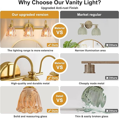 Bathroom Light Fixtures (3-Light), Vintage Brushed Gold Vanity Lights for Bathroom with Amber Tulip Crystal Glass Shade, Vanity Wall Light Over Mirror for Bedroom Living Room Hallway