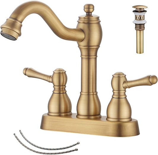 GGStudy Antique Brass Bathroom Faucet 2 Handles 4 Inches Centerset RV Bathroom Vanity Faucet with Drain Assembly and Supply Hose Lavatory Faucet