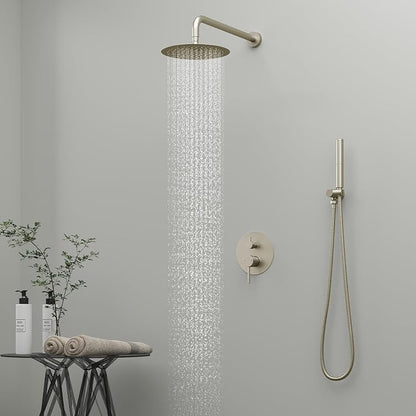 BESy Shower System with 10 Inch Round Rain Shower Head and Handheld Wall Mounted, High Pressure Rainfall Shower Faucet Fixture Combo Set with 2 in 1 Handheld Showerhead for Bathroom, Nickel