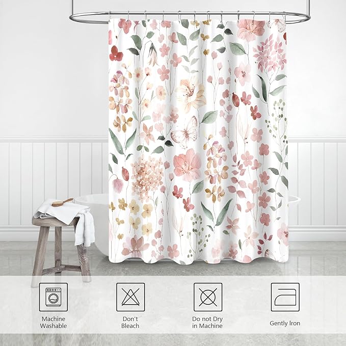 Extra Long Shower Curtain 72 x 96 Inch, Floor to Ceiling X-Long Coral Floral Shower Curtain, Watercolor Flower Butterfly Fabric Shower Curtain Set with Hooks, Coral Pink, Peach
