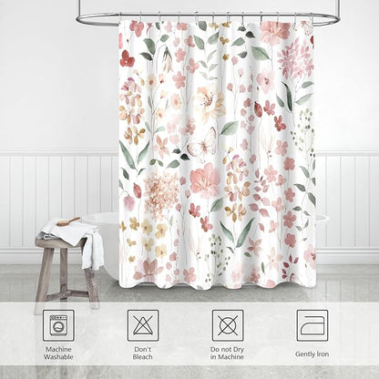 Long Shower Curtain 72 x 78 Inch, Tall Coral Floral Shower Curtain for Bathroom, Watercolor Flower Butterfly Fabric Shower Curtain Set with Hooks, Coral Pink, Peach